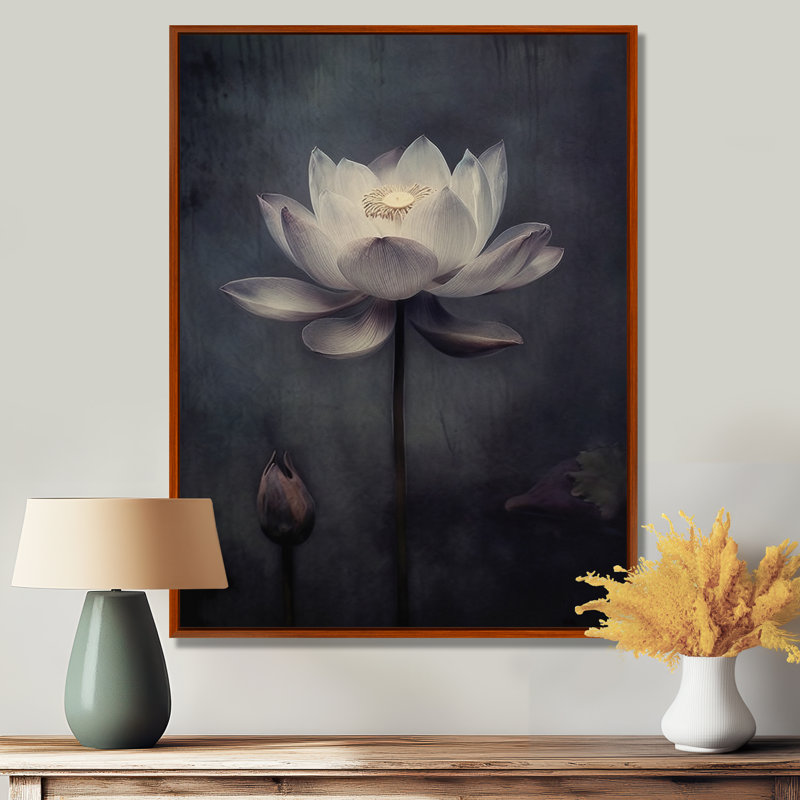 Impression sur toile encadrée florale, monochromes gris et gris, H 32 po x l 24 po x P 1 po, Cadre flottant brun