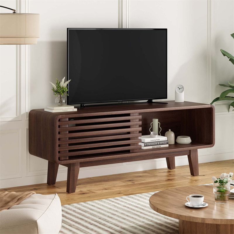 Mid-Modern Century TV Stand For Tvs Up To 59 Inch With Storage Cabinet And Sliding Door, Perfect For Living Room And Bedroom