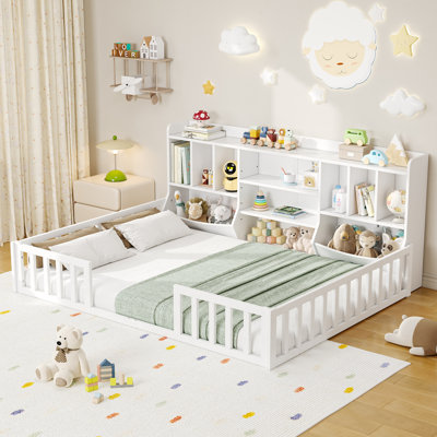Full Size Floor Bed with Bookcase and Storage Shelves, Montessori Bed Frame  with High Safety Rails,  Without Slats,White