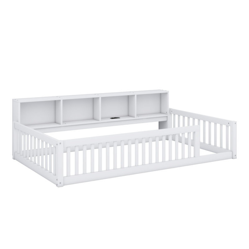 Floor Bed With Storage Cabinets And USB Ports, White