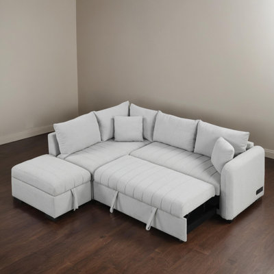 83" Wide L-Shaped Pull Out Sleeper Sectional Sofa Bed With USB Ports