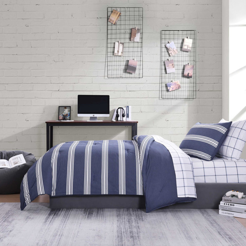 Ensemble d'édredon réversible en coton Nautica Craver, Édredon simple / simple TG + 1 taie décorative, Bleu marine