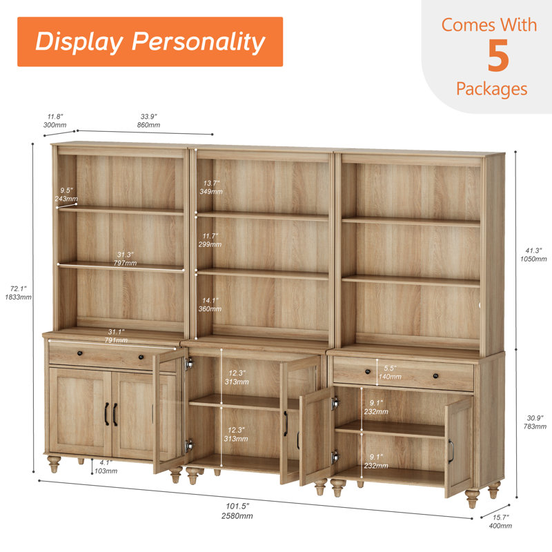 Grand garde-manger 72,1 po avec 2 tiroirs et 6 portes, chêne