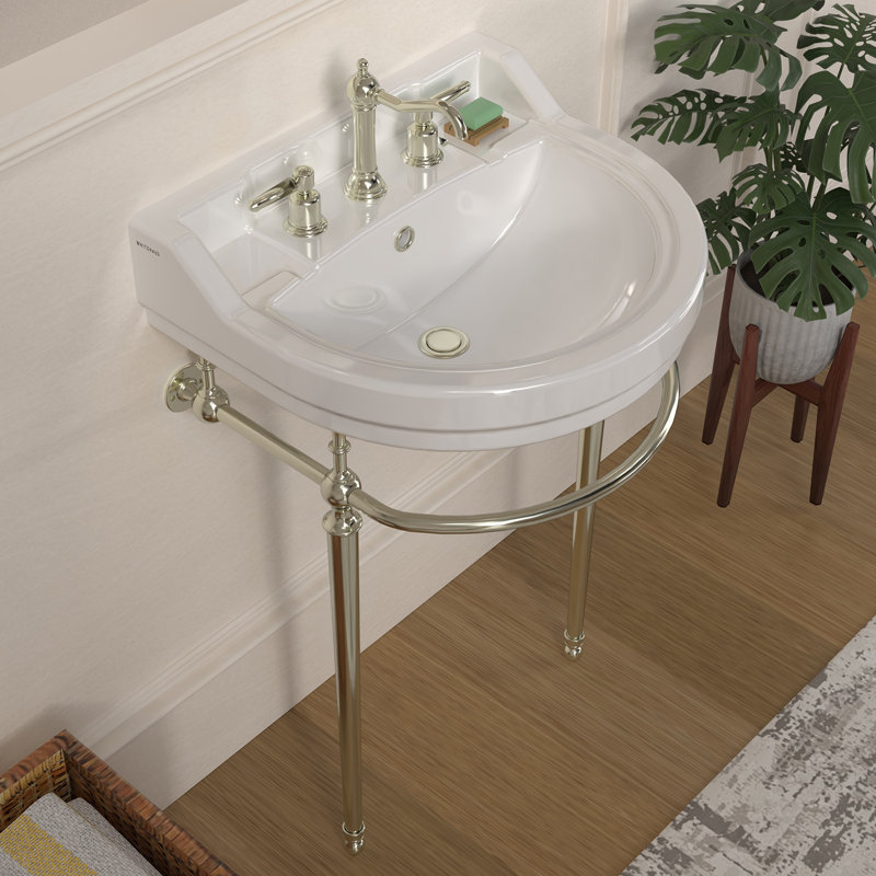 Whitehaus 22" console sink with semi-circular bowl, solid brass leg supports and front towel bar, Polished Nickel