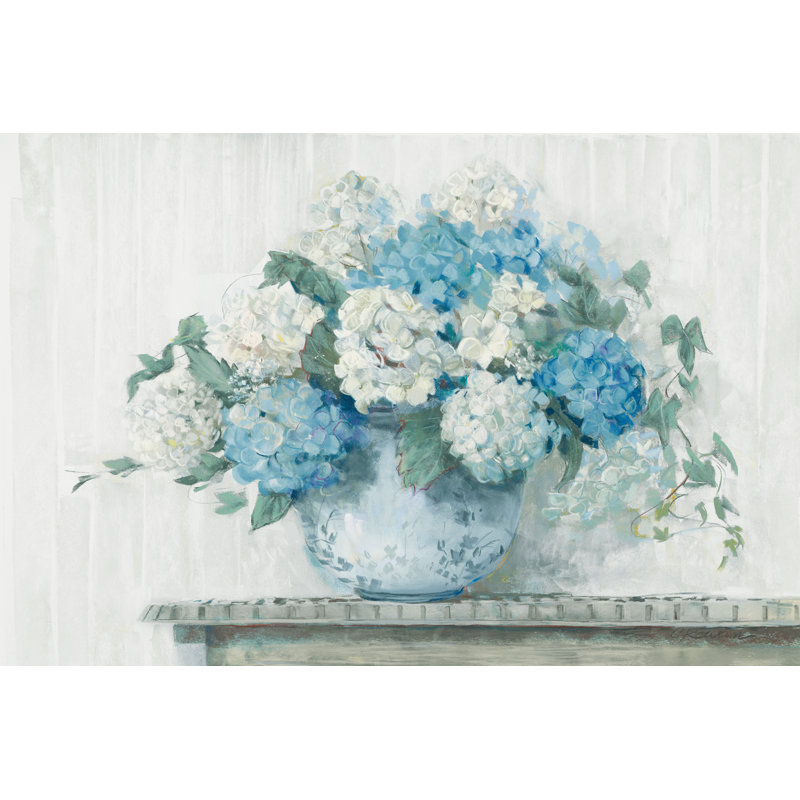 "Blue Hydrangea Cottage" par Carol Rowan, reproduction d'art sur toile tendue, H 32 po x l 48 po