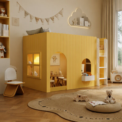 Lit mezzanine double pour enfant avec lumière DEL chaude, bleu Klein