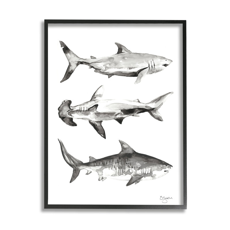 Ax-753-Giclee " Nautical Shark Trio " by Two If By Sea Painting Print, 20" H x 16" W x 1.5" D, Midnight Black Framed Giclee