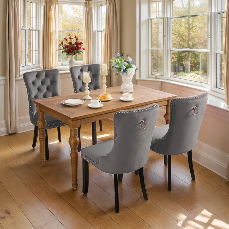 2PCS Modern Velvet Wingback Tufted Solid Wood Upholstered Dining Chairs (Set of 2), Gray
