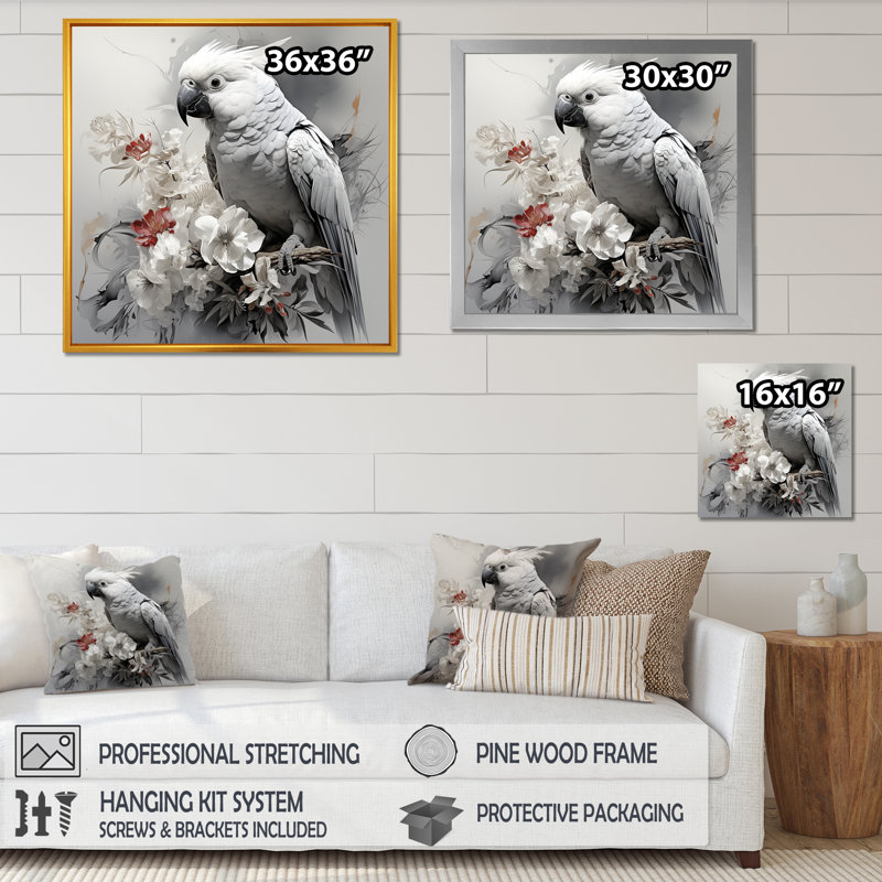 Gris gris perroquet tropical II - art mural perroquet, Cadre flottant blanc, H 16 po x l 16 po x P 1 po