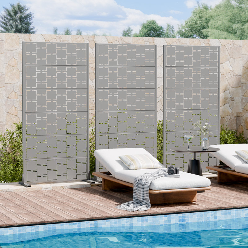 Metal Privacy Screen Fence Panel with Stylish Pattern, Grey, 72" H x 35" W x 16" D