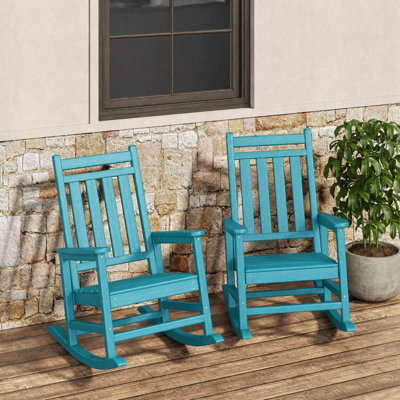 Ensemble de chaises berçantes en PEHD pour l'extérieur - ensemble de 2 chaises berçantes à haut dossier en poly pour adultes - Meuble de patio résistant aux intempéries - bleu lac