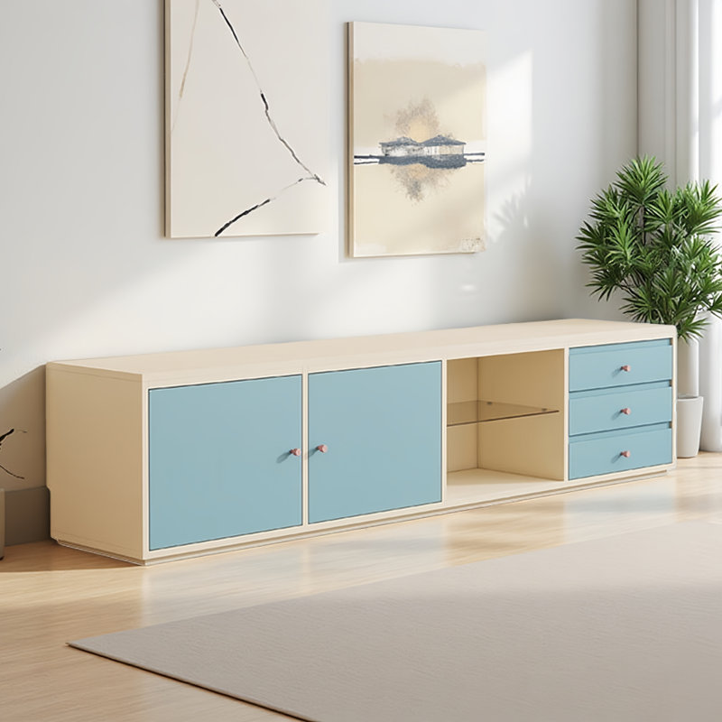 Meuble télé simple, tendance et créatif, Blanc cassé / bleu