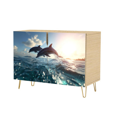 Buffet avec rangement et deux dauphins sautant sur les vagues de l'océan Pacifique à Hawaï avec 2 portes pour le salon et la cuisine