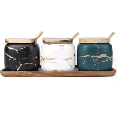 3 Pack Ceramic Salt and Sugar Container, Condiment Jars with Lids and Spoons