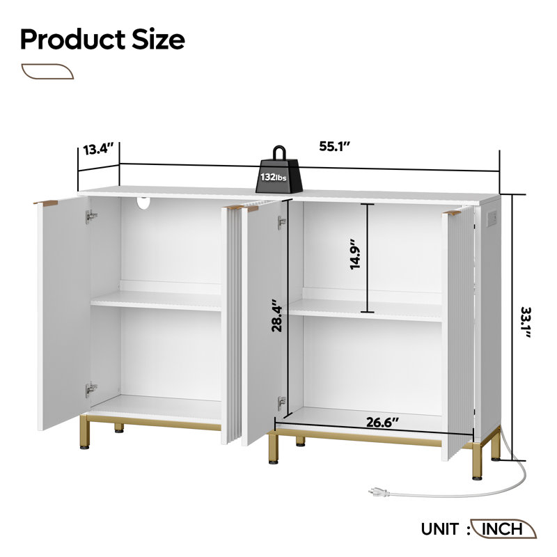 Bestier 55'' White Fluted Buffet Sideboard Cabinet with Power Outlet