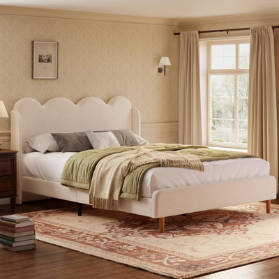 Upholstered Platform Bed Frame with Scalloped Headboard, Wooden Slats