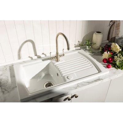 Abode Designs Milford 500mm W Single Bowl Ceramic Kitchen Sink with 2 Faucet Holes