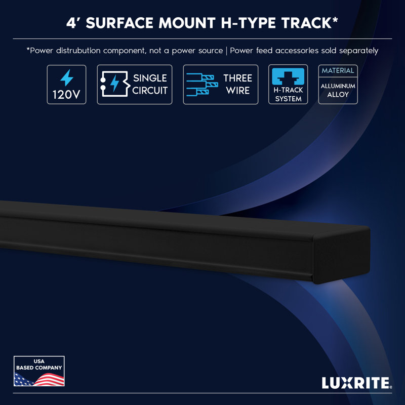 Rail d'éclairage sur rail Luxrit 4FT H, système de rail de type H 120V à circuit unique, compatible avec les têtes de rail H standard, rail de rail avec embouts, noir