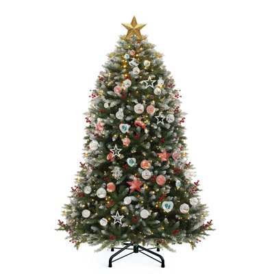 7.5 FT Prelit Frosted Green Artificial Christmas Tree with Adjustable Lighting,Pinecones and Berries