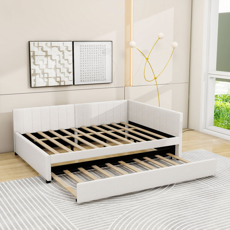 Korden Full Size Upholstered Daybed with Twin Size Trundle, Beige