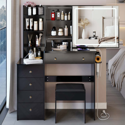 Middle Size Left Bedside Cabinet Vanity Table + Cushioned Stool Dresser Set, 2 AC+2 USB Socket, Hair Dryer Stand, Large Touch Control LED Sliding Mirror, 3-Color Switch, EPA, GCC, UL Certificate