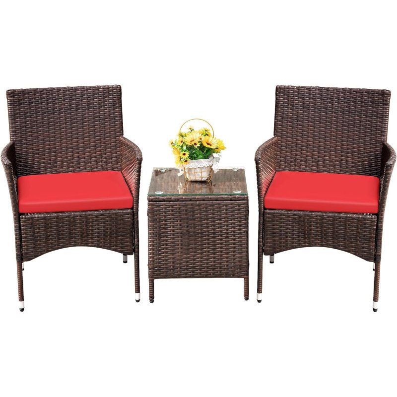 Compact 3-Piece Outdoor Patio Bistro Set PE Rattan Conversation Set, Orange Cushion/Brown Frame