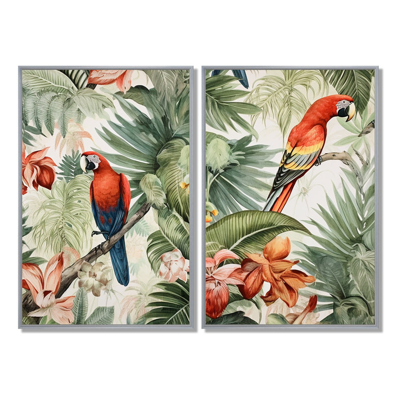 Perroquet au paradis I - Art mural perroquet animaux, 36" H x 48" W, Floater Framed Print without Mat, Silver