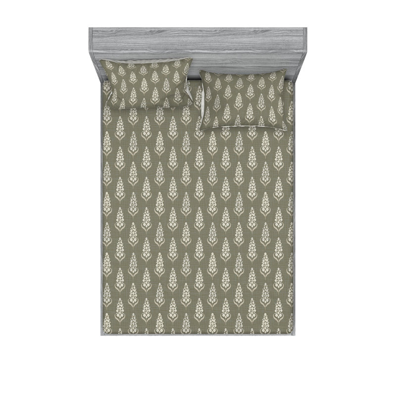 Ambesonne Fitted Sheet & Shams, Green/Brown/Off White Flower, King Sheet Set with 2 Pillowcases