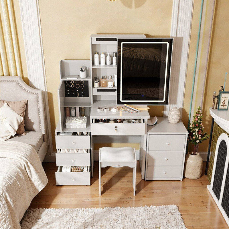 Vanity Desk Set With Led Lighting Mirror 4 Drawers Storage Spaces Cushioned Stool Mdf Makeup Dressing Table