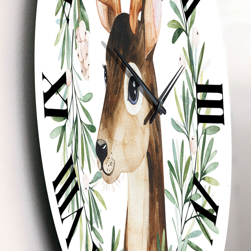 Cerf avec couronne florale isolée On White - horloge murale de ferme, Petit