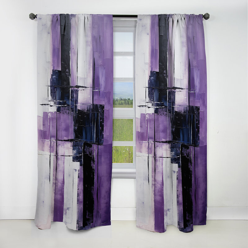 Abstract Curtain Panel, Purple Cubism Brush Pattern Blackout Decor - Tachisme Purple Cubism Brush V, 52" W x 95" L