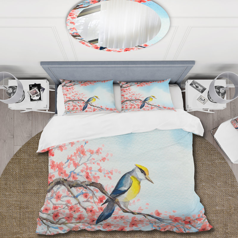 Magnifique oiseau rouge sur une branche en fleurs I - Ensemble de housse de couette traditionnel - Microfibre de polyester