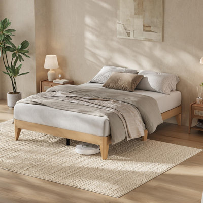 Wood Platform Bed Frame, Sturdy Wooden Slats & Legs, Sturdy Metal Center Support