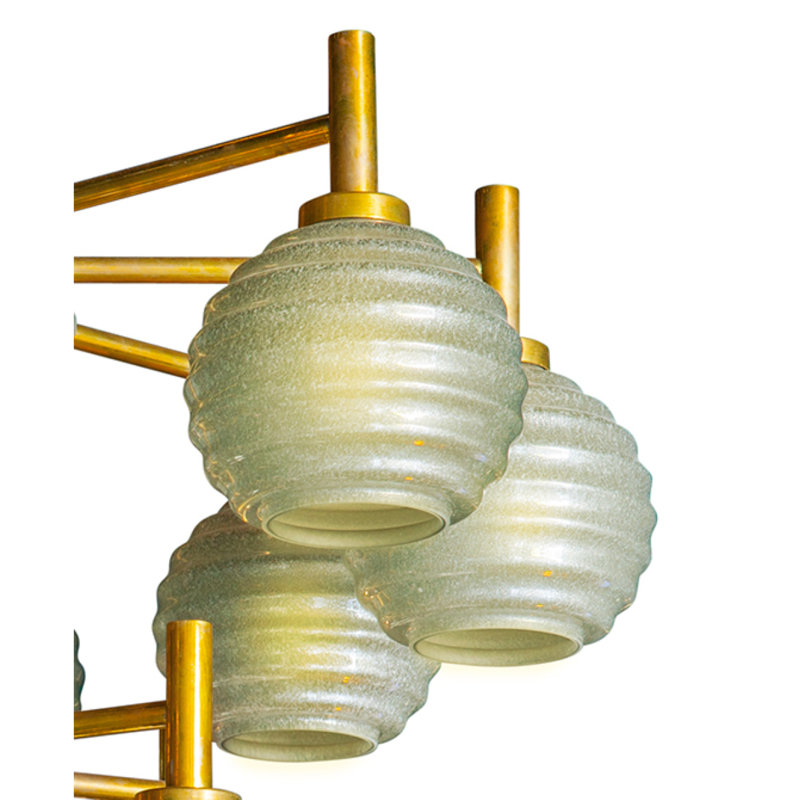 Alan Mizrahi Art Deco Dolce Vita Italian Murano Blown Crystal Chandelier, Light Blue, 24” Diameter x 60” Height, Brushed Gold