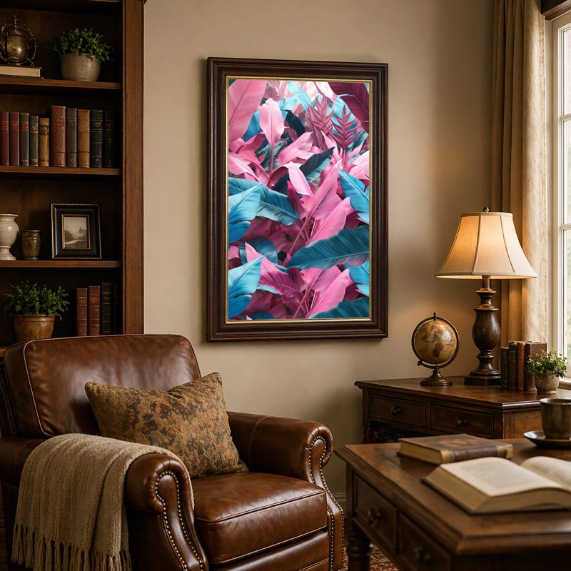 «Vibrant Pink and Blue Tropical Leaves», art mural sur toile, H 18 po x l 12 po