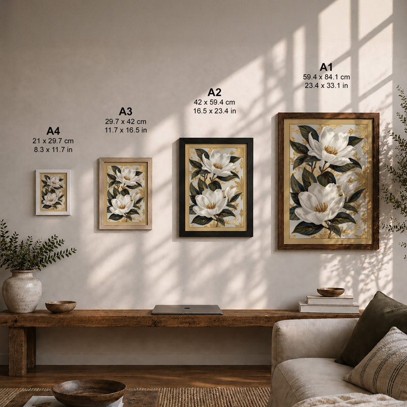 White Magnolia Bloom Botanical - Framed Print, Unframed, A4 - 29.7 x 21.0 cm
