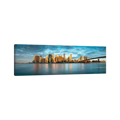 Lower Manhattan Skyline Panorama With Brooklyn Bridge by Jan Becke - Wrapped Canvas Panoramic Print