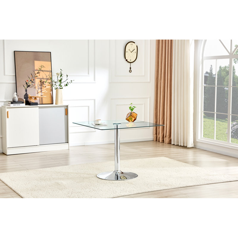 Table de salle à manger 38,5 pouces moderne minimaliste carrée en verre avec base en métal à une colonne. Disponible en noir, or ou argent. Table de salle à manger à domicile. Convient pour 2 à 4 personnes.