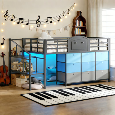 Lit mezzanine simple simple avec 9 tiroirs de rangement et tablettes pour escalier Lit mezzanine pour enfants avec espace de rangement sous le lit