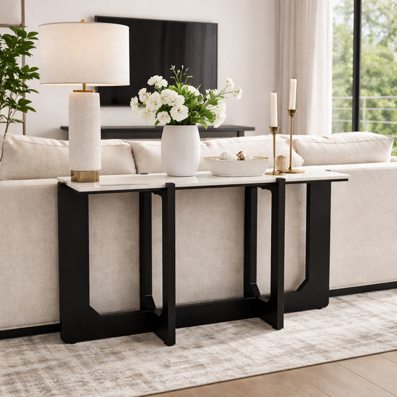 Retangular Marble Top Console Table With Criss Cross Base - Modern Narrow Table Perfect For Entryway, Hallway, Or Sofa Accent - 42", White & Black