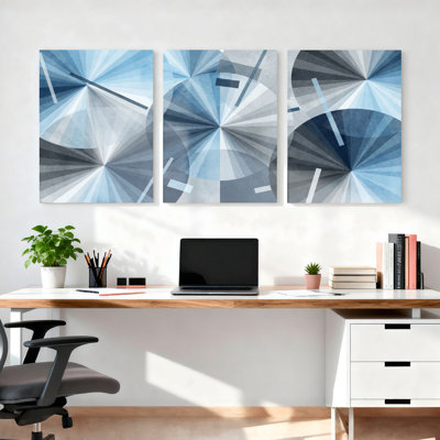 Abstract Geometric Blue And Gray Radiating Patterns Canvas Wrapped Wall Art Oil Painting Print Set Of 3 For Modern Living Room Bedroom Office Decor