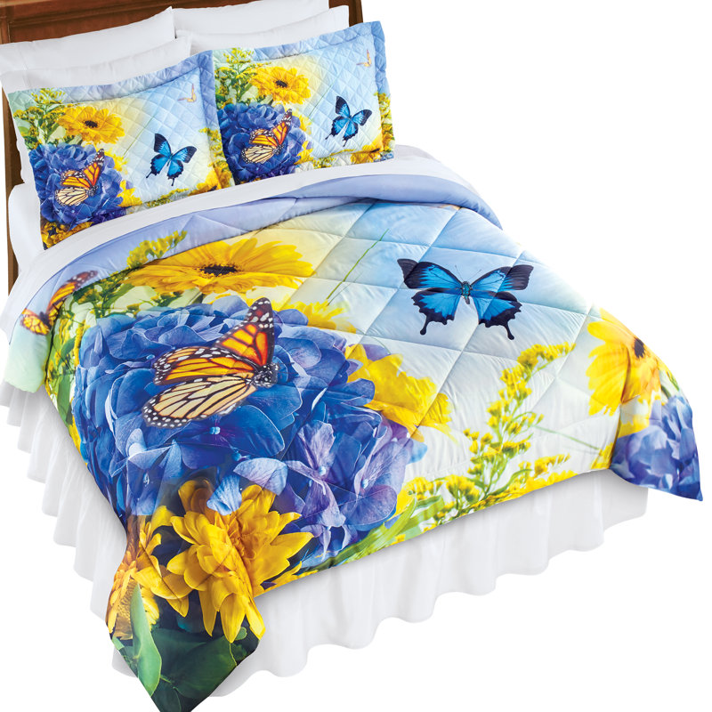 Full Blue Butterfly Floral Comforter Set with Shams