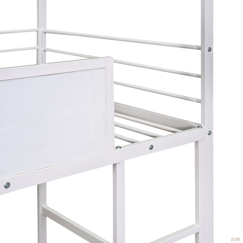 Lit mezzanine en métal avec glissade, lit simple en métal avec planche inscriptible en bois (lit), Blanc