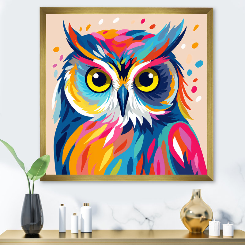 Chouette colorée Popart Watchers II - hibou, art mural animal, Encadrement doré, H 30 po x l 30 po x P 1,5 po