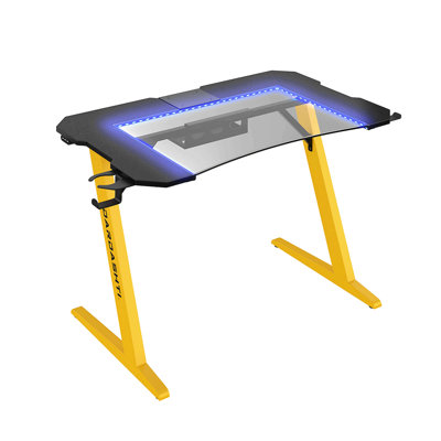 Gaming Desk, Steel Legs, Multicolored LED Lights, Cup Holder, 3 USB Ports, Tempered Glass Accent