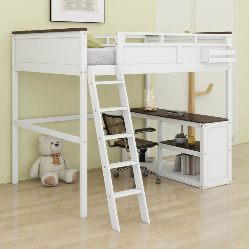 Grand lit mezzanine avec bureau sous le lit, tablette ouverte et boîte de rangement, station de charge USB pour la chambre à coucher