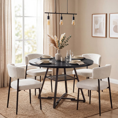 Ameah Industrial Round Dining Room Set For 4, Wood Kitchen Table And Chairs With Curved Back Upholstered Seats