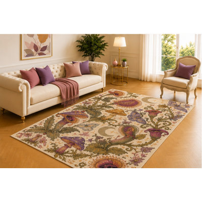 Tapis de jardin vintage « ultra léger » 152 x 213 cm, motif botanique ivoire avec fleurs carnivores, lunes et insectes, décoration de sol éclectique pour chambre, bureau ou studio