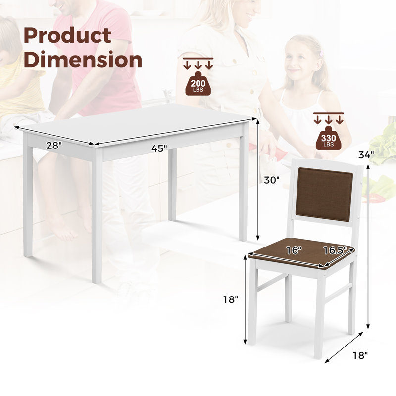 Ensemble de table de salle à manger 5 pièces pour 4 personnes avec dossier rembourré en bois d'hévéa, Blanc, Brun