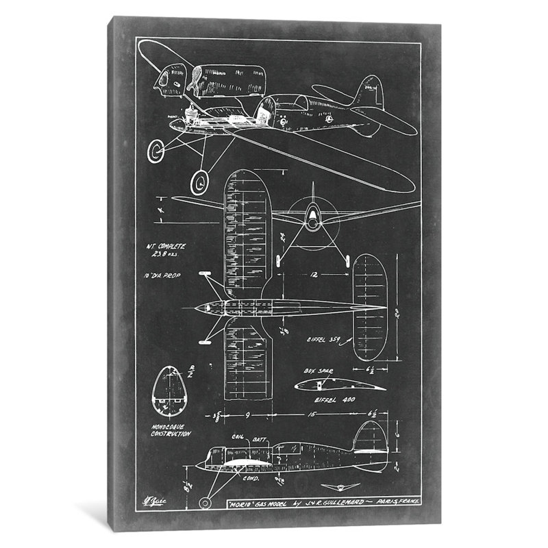 «Aeronautic Blueprint II» par Vision Studio - Estampe numérique sur toile tendue avec châssis, Papier avec cadre noir, Blanc